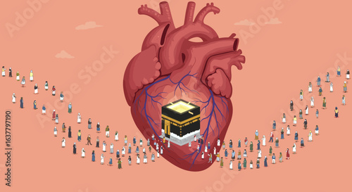 A large human heart illustration with the Kaaba inside, and a stream of people walking toward it, symbolizing spiritual devotion.