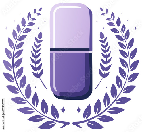 Nail polish bottle adorned by a laurel wreath, beauty product, minimalist illustration, vector graphic, clean design, stylish icon