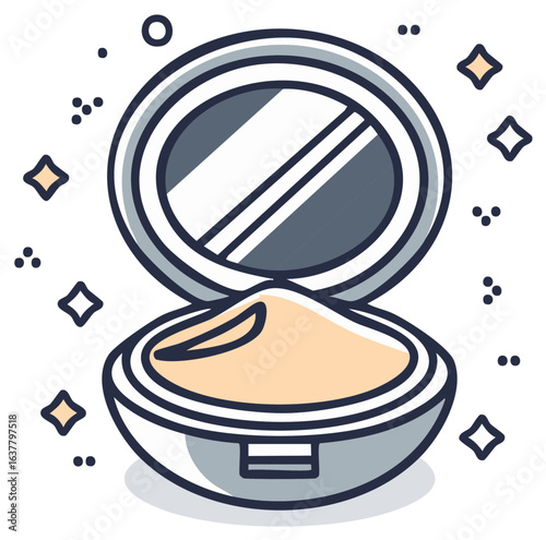 Stylish beauty compact powder case open displaying mirror and sparkling face makeup