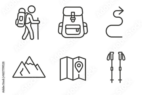 Hiking icon set featuring backpack, map, mountain, route, and trekking poles