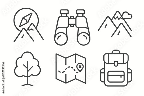 Outdoor adventure icons: map, compass, binoculars, mountain, tree, backpack