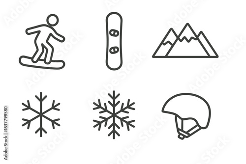 Minimalist snowboarding icons with snowflakes, helmet, and mountain symbols