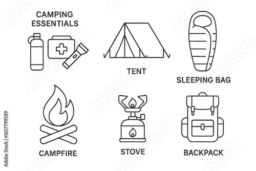 Camping essentials: tent, sleeping bag, campfire, stove, backpack icons