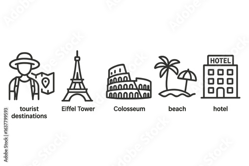 Icon set of tourist destinations featuring eiffel tower, colosseum, beach, and hotel