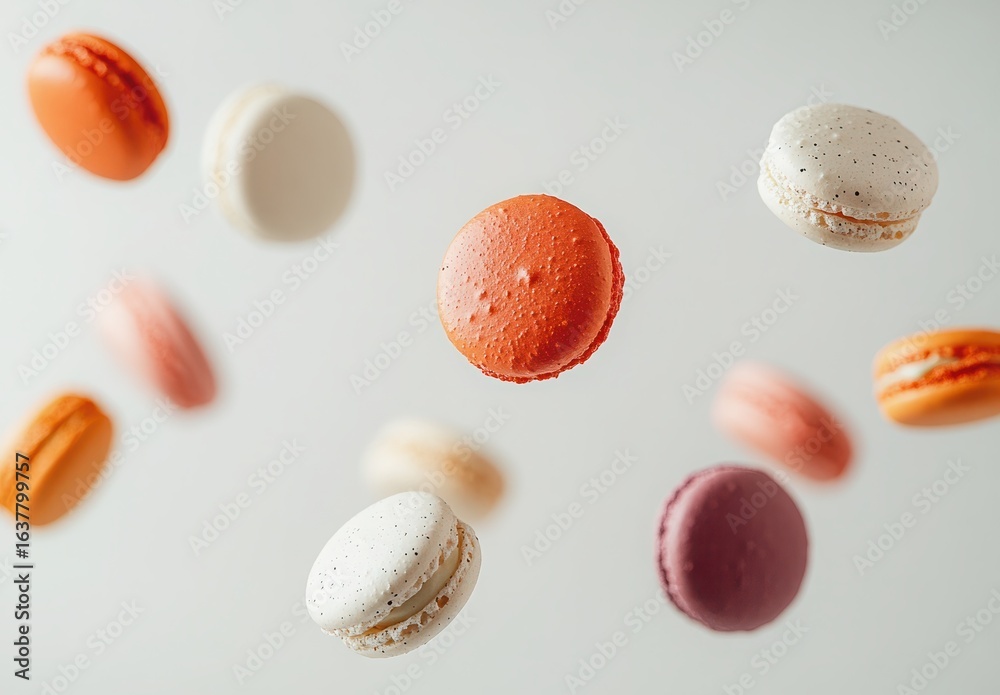 Fototapeta premium Colorful French Macarons Floating in the Air Against a Light Background
