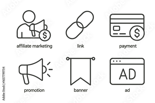 Illustrated icons of affiliate marketing, link, payment, promotion, banner, and ad