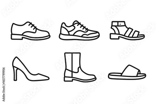 Outline illustrations of various shoes including sneakers and sandals