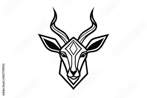 A geometric springbok head with black outline is beautifully portrayed against white backdrop