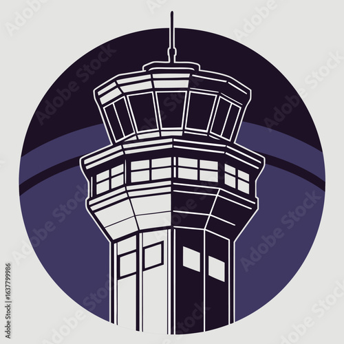 Stylish Air Traffic Control Tower Icon:  Nighttime Vector Graphic, Elegant Two-Tone Design,  Modern Minimalist Style, Professional Aviation Image, Ideal for Websites and Branding.