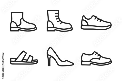 Outline icons of footwear: boots, sneakers, sandals, heels, dress shoes