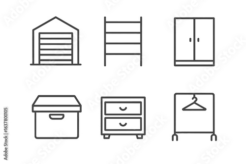 Minimalist home storage icons collection: garage, shelf, wardrobe, box, drawers, clothes rack