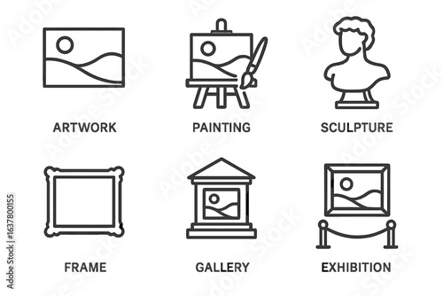 Artwork icons depicting painting, sculpture, frame, and gallery exhibition