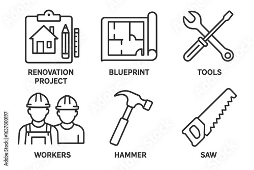 Home renovation icons: blueprint, tools, workers, hammer, saw