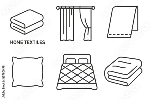 Home textiles icons: blanket, curtain, towel, pillow, bed, bedding