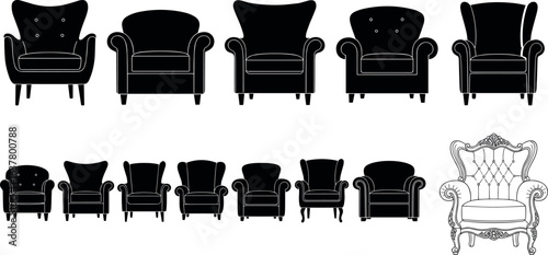 Stylish armchair silhouette collection, modern and classic furniture designs, elegant seating for home decor, interior inspiration, Adobe Stock vector image