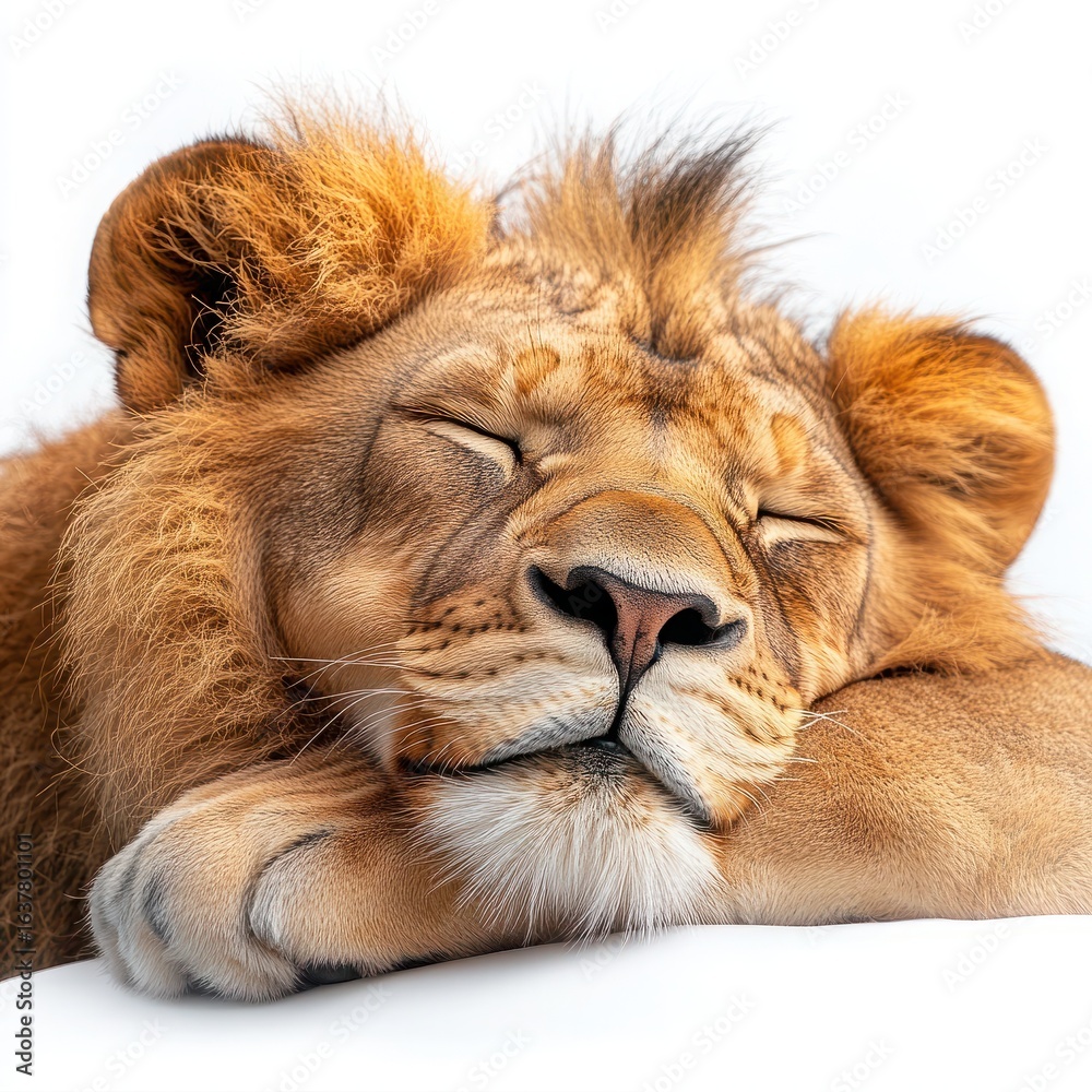 Naklejka premium Majestic lion resting peacefully with closed eyes showcasing its magnificent mane and serene expression in soft light setting