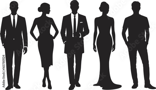 business people silhouettes standing together, professional men and women in various poses, a confident and modern vector illustration.