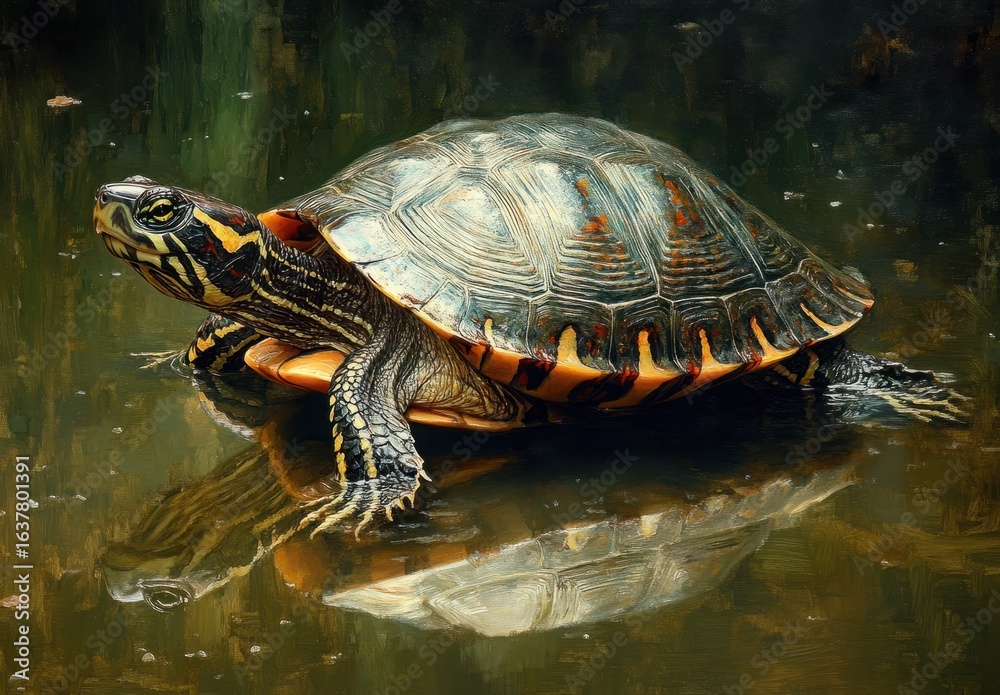 Obraz premium Colorful Turtle Resting on Still Water Surface Reflecting Its Beautiful Shell Patterns in Nature