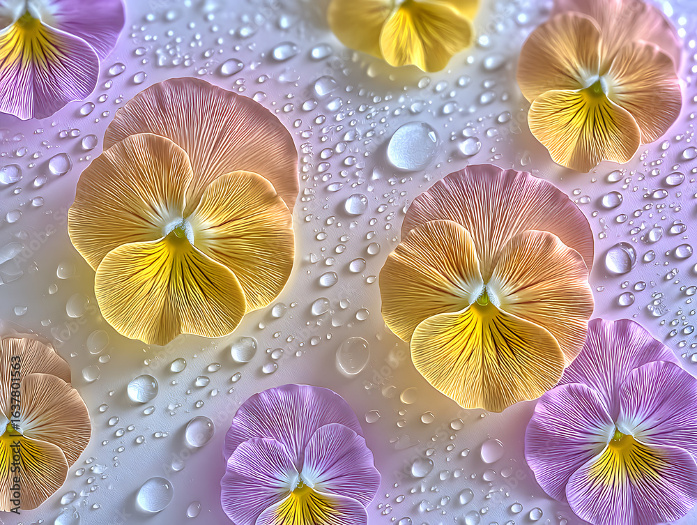 Close-up macro shot of yellow pansies and lilac Close-up macro shot of yellow pansies and lilac