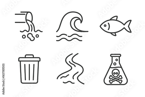 Environmental pollution icons: wastewater, waves, fish, trash, odor, toxicity