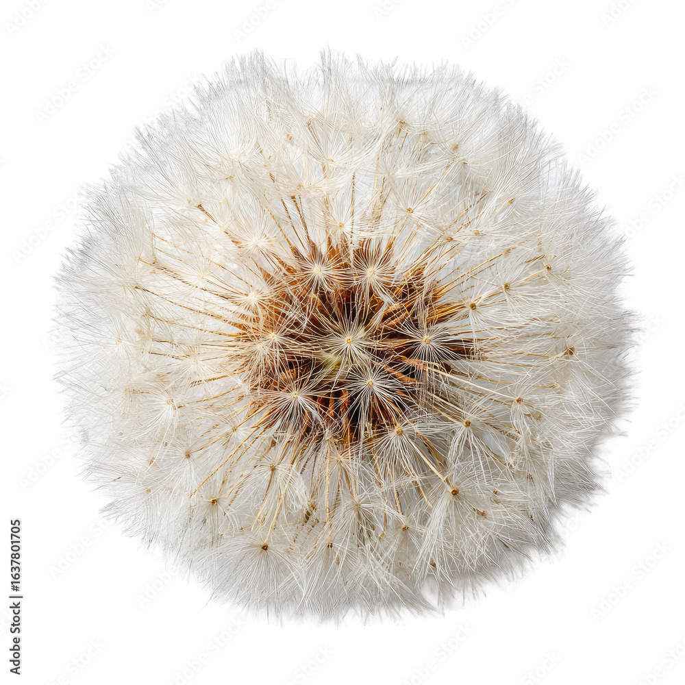 Fototapeta premium Dandelion seed head close-up, white seeds, studio shot, black background, nature texture