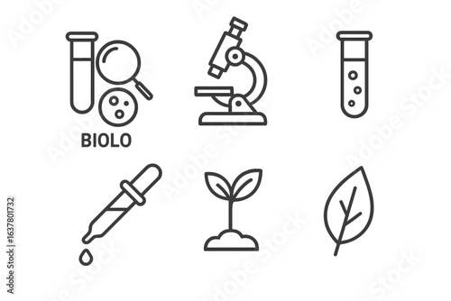 Science and nature icons: microscope, test tube, plant