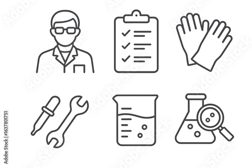 Scientific icons featuring male scientist and laboratory equipment