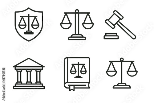 Legal symbols: scales, gavel, courthouse, and law book illustration set