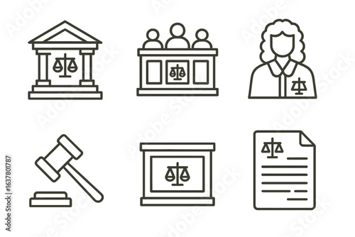 Legal icons set featuring courthouse jury lawyer gavel scales document outline style