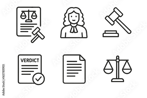 Legal icons set featuring judge, gavel, verdict document, and scales of justice