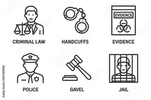 Criminal law icons: judge, handcuffs, evidence, police, gavel, jail
