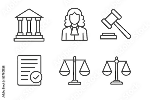 Legal icons featuring courthouse judge gavel contract scales