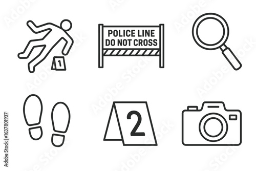 Crime scene investigation symbols including camera and forensic icons