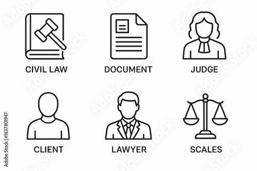 Legal icons set featuring judge, lawyer, and court symbols for law-related themes