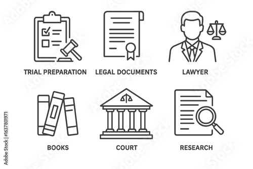 Legal services icons set featuring lawyer, court, books, legal documents, and research