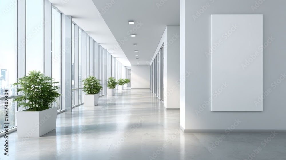 Obraz premium Bright Modern Office Hallway with Large Windows and Potted Plants, Featuring Blank Poster for Customization