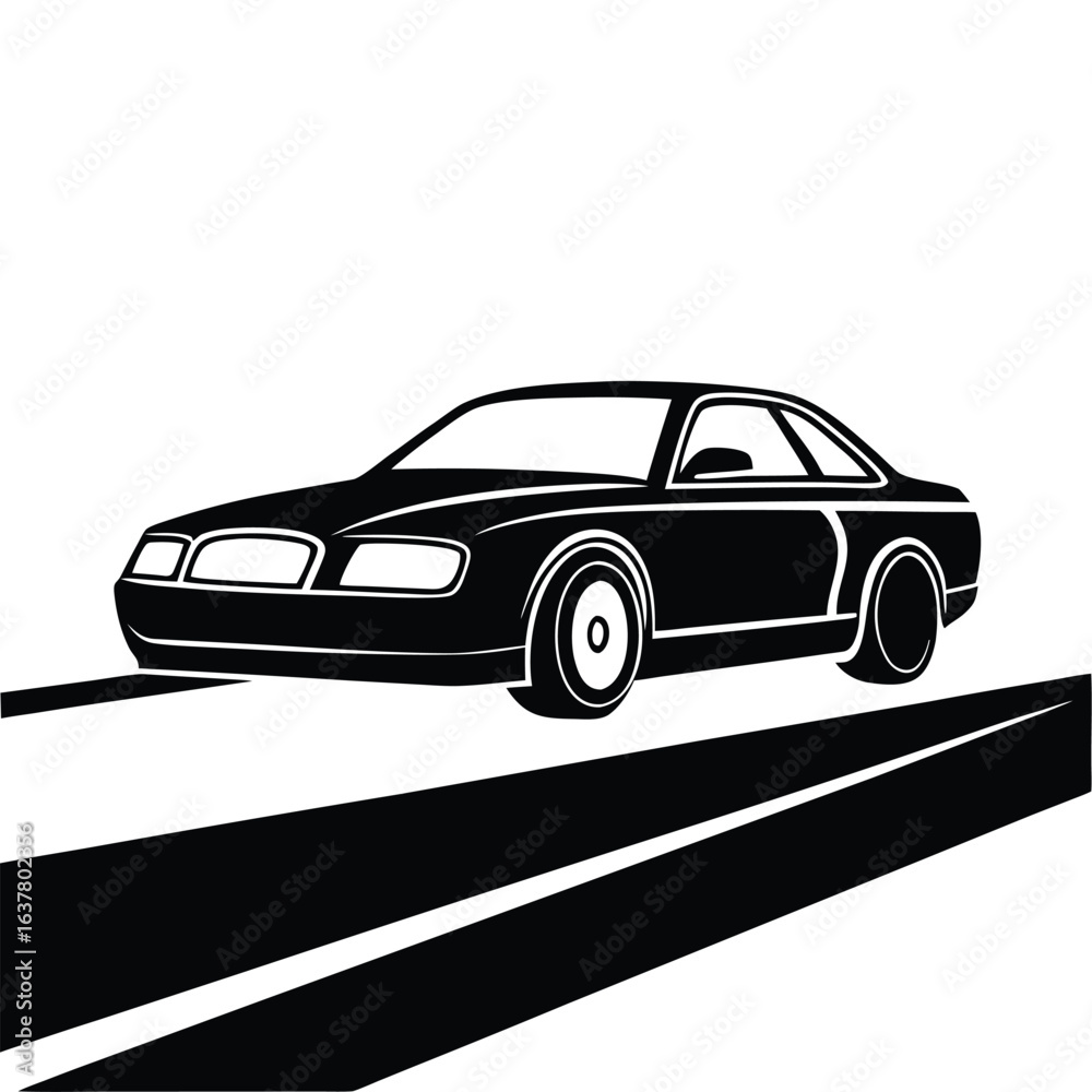 Naklejka premium Stylish Black and White Silhouette of a Modern Coupe Driving on a Highway, Representing Speed, Elegance, and Effortless Movement.