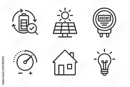 Renewable energy icons: battery, solar panel, meter, speedometer, house, light bulb