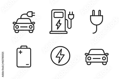 Electric vehicle charging icons set featuring cars and batteries