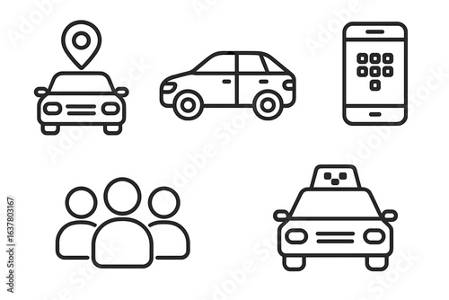 Car and ride sharing icons set with mobile app and gps elements