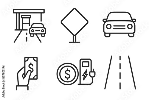 Transportation icons: toll booth, road sign, car, payment, electric charging, highway