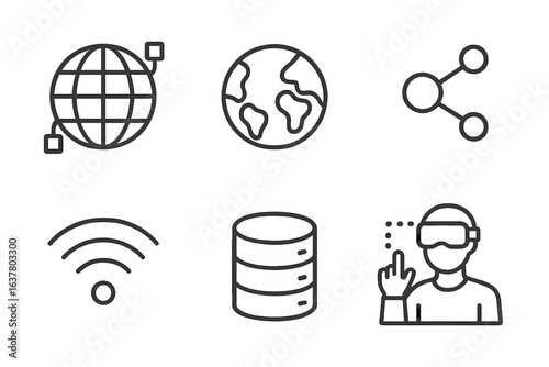 Network and technology icons: global, data, vr, wifi, database, sharing