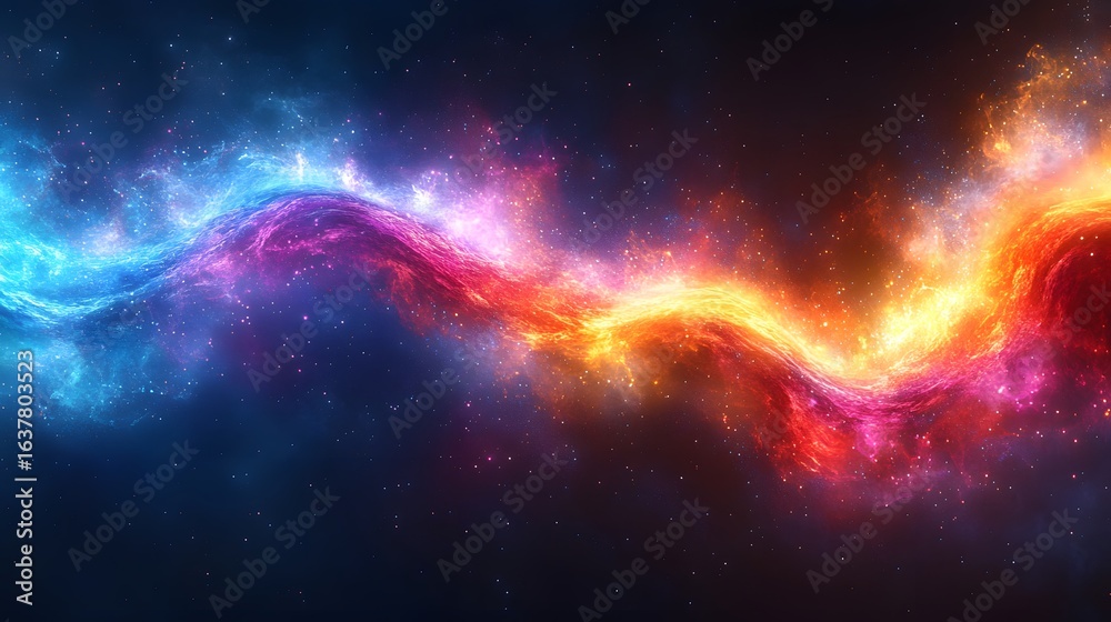 Obraz premium An abstract image of a vibrant, cosmic wave of energy, swirling through a starry space. The wave features a rich gradient from cool blue and purple tones to warm red and orange.