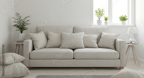 Comfortable and stylish light gray sofa with an abundance of cushions in a bright  minimalist living room with natural light and green plants