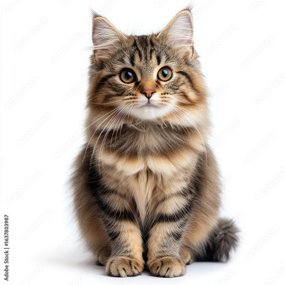Obraz premium Adorable fluffy kitten with striking eyes sitting gracefully on a white background looking curiously at the camera