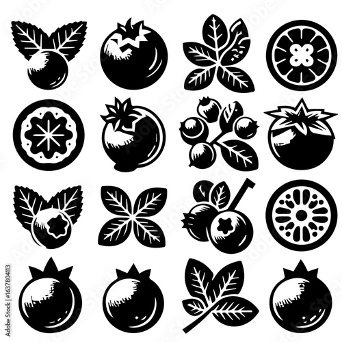Collection of black and white fruit and leaf icons including blueberries and citrus slices arranged neatly