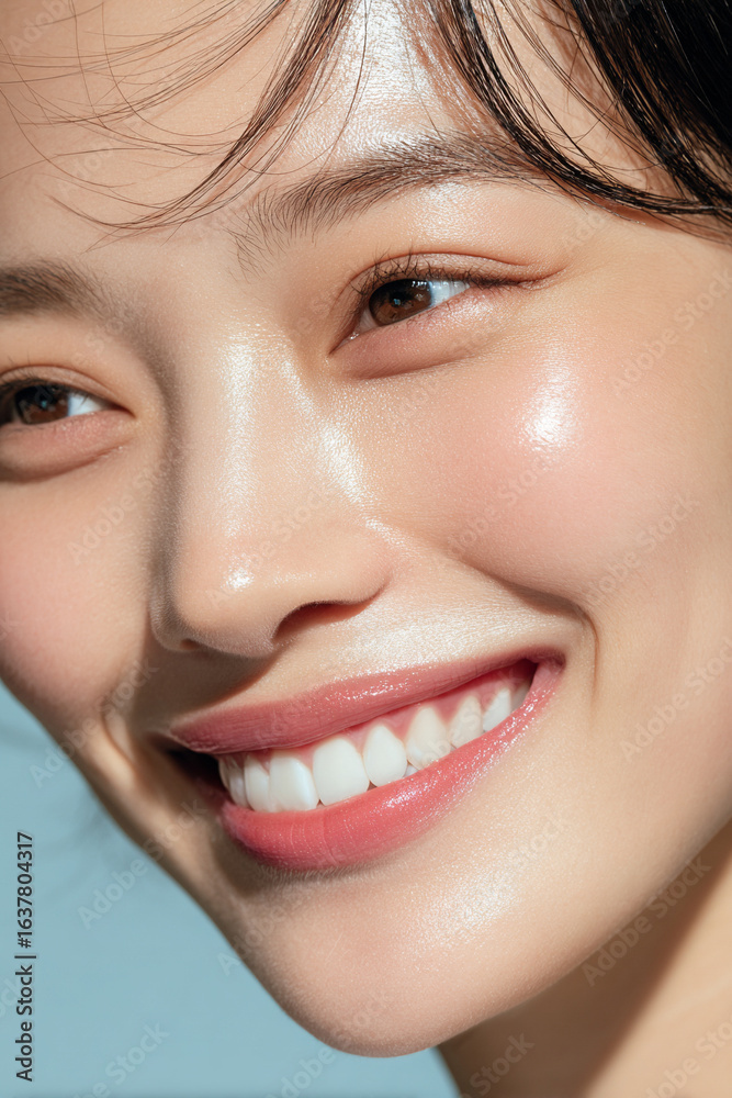 Fototapeta premium 笑顔できらめく綺麗な肌と白い歯を見せる日本人女性美人モデルの接写写真。オーラルケア、スキンケア、コスメ広告用。