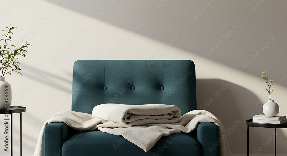 Fototapeta premium Comfortable Teal Armchair with Plush Throw Blanket and Decorative Vases on Side Tables