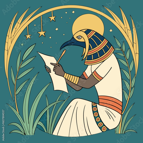 Minimilist egyptian god thoth depicted writing on papyrus scroll under a starry sky with moon and reeds around it vector