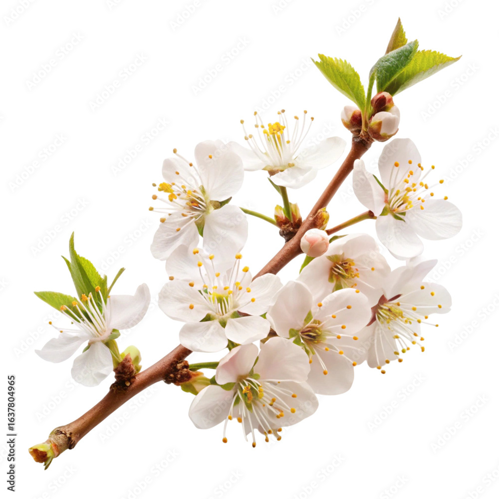 Obraz premium Cherry Blossom Branch with White Flowers on Transparent Background for Design